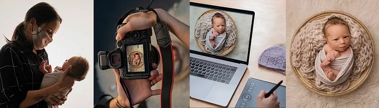Course images showing preparation, photographing, editing and a newborn portrait
