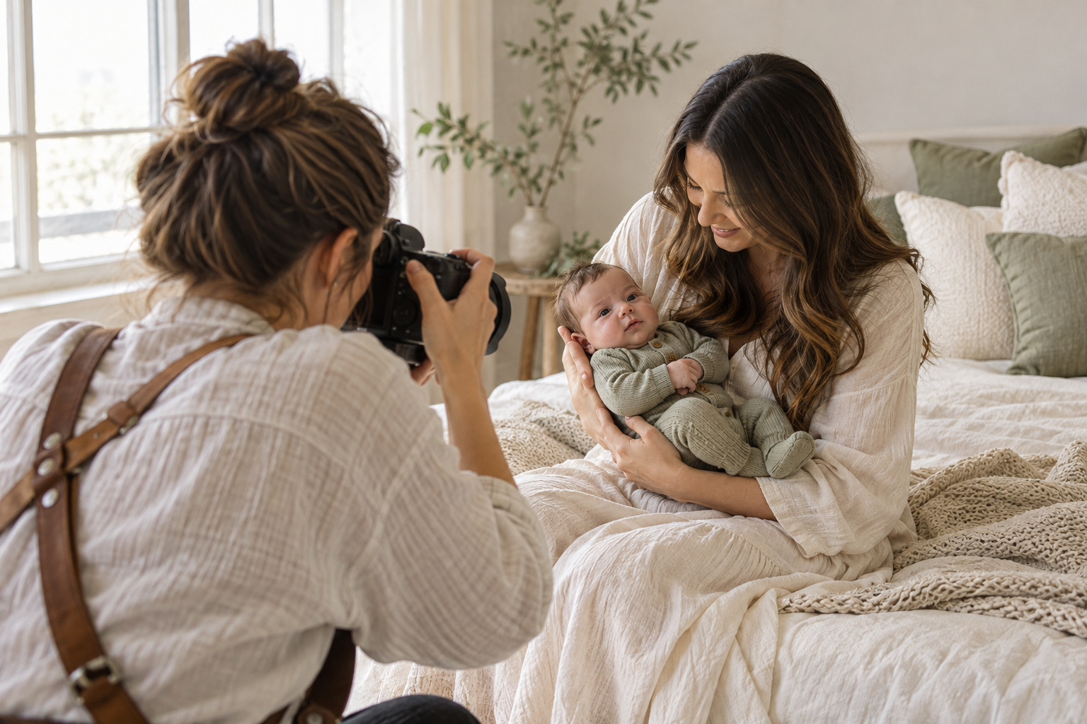 AI-generated illustration of a photographer photographing a fully clothed infant held by a parent